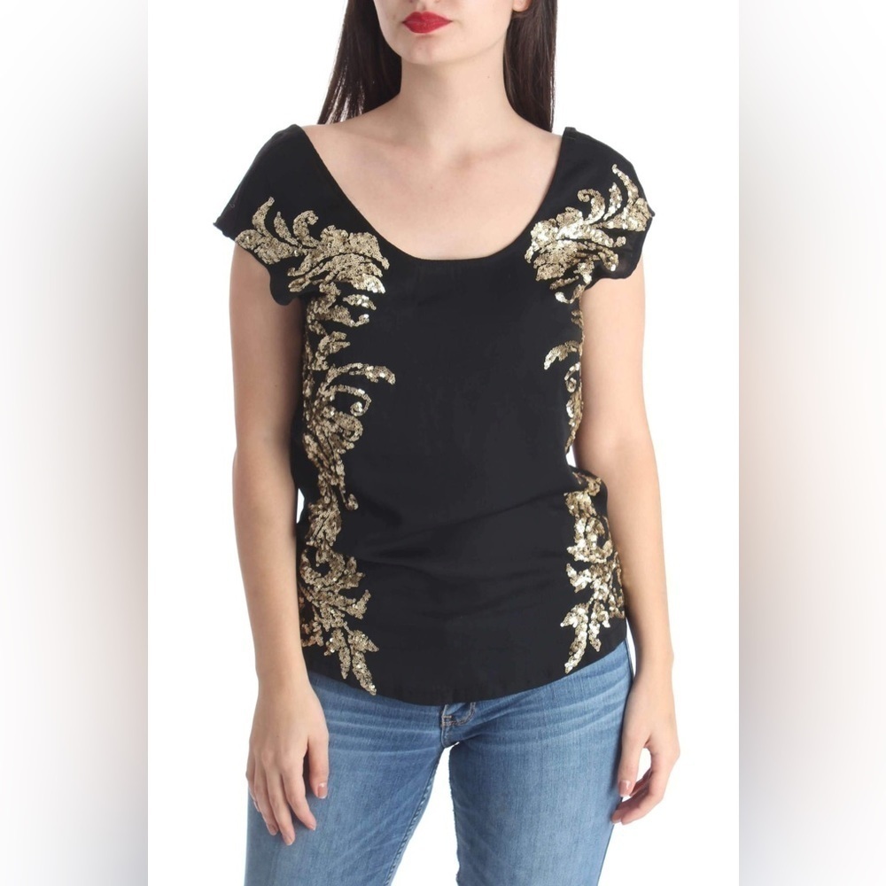 Hinge | Scoop Neck Black Gold Sequin Blouse Women’s Size Medium